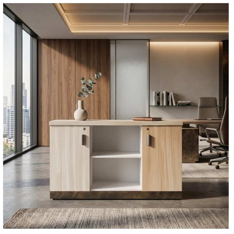 Móveis para Escritório Armário Baixo Credenza com Nicho - 1,31x0,75X0,46m - Fresno / Branco - 71022
