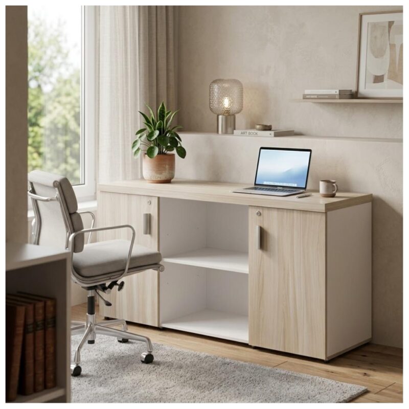 Móveis para Escritório Armário Baixo Credenza com Nicho - 1,31x0,75X0,46m - Fresno / Branco - 71022