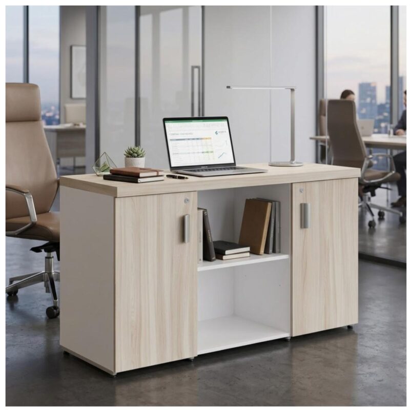 Móveis para Escritório Armário Baixo Credenza com Nicho - 1,31x0,75X0,46m - Fresno / Branco - 71022