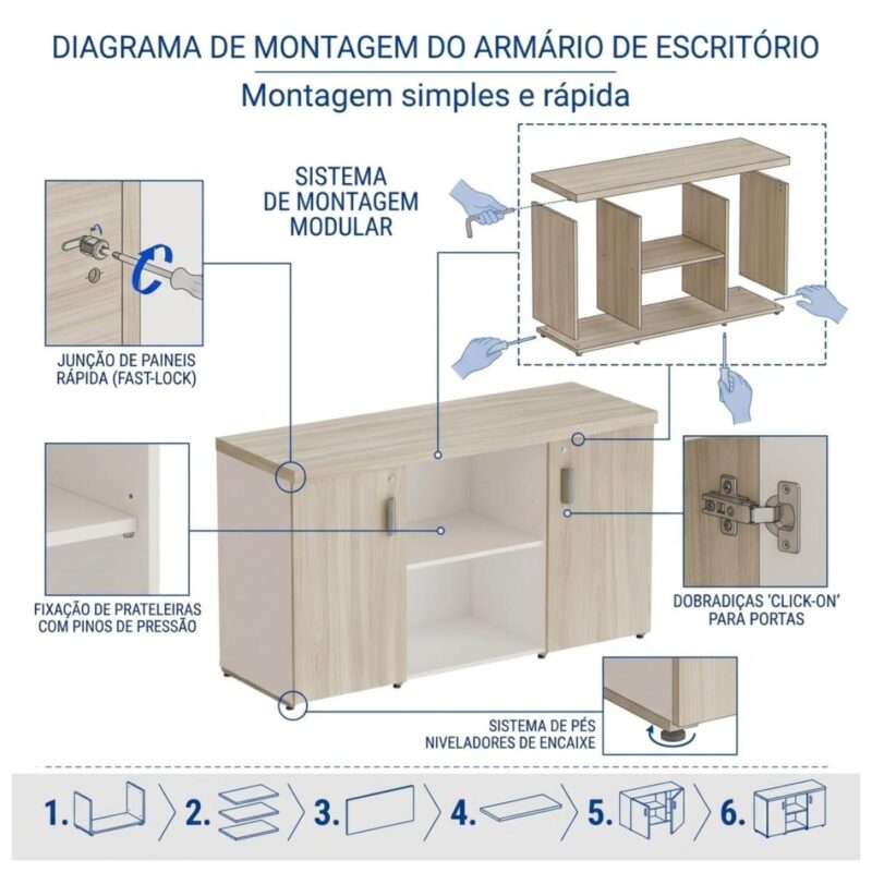 Móveis para Escritório Armário Baixo Credenza com Nicho - 1,31x0,75X0,46m - Fresno / Branco - 71022