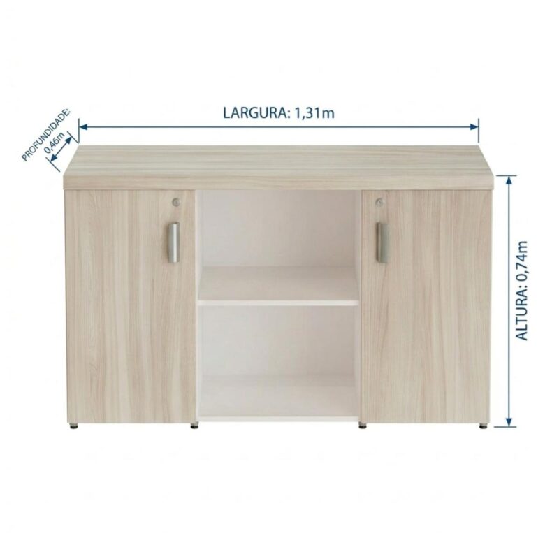 Móveis para Escritório Armário Baixo Credenza com Nicho - 1,31x0,75X0,46m - Fresno / Branco - 71022