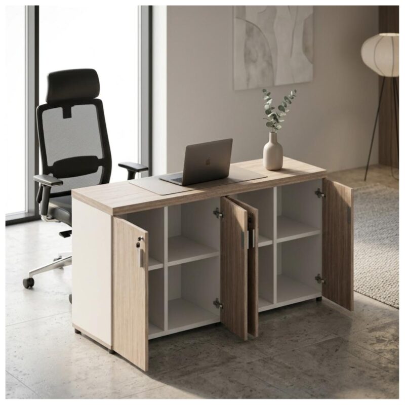 Móveis para Escritório Armário Baixo Gold 04 Portas Credenza - 1,60x0,75x0,46m - Fresno / Branco - 71023