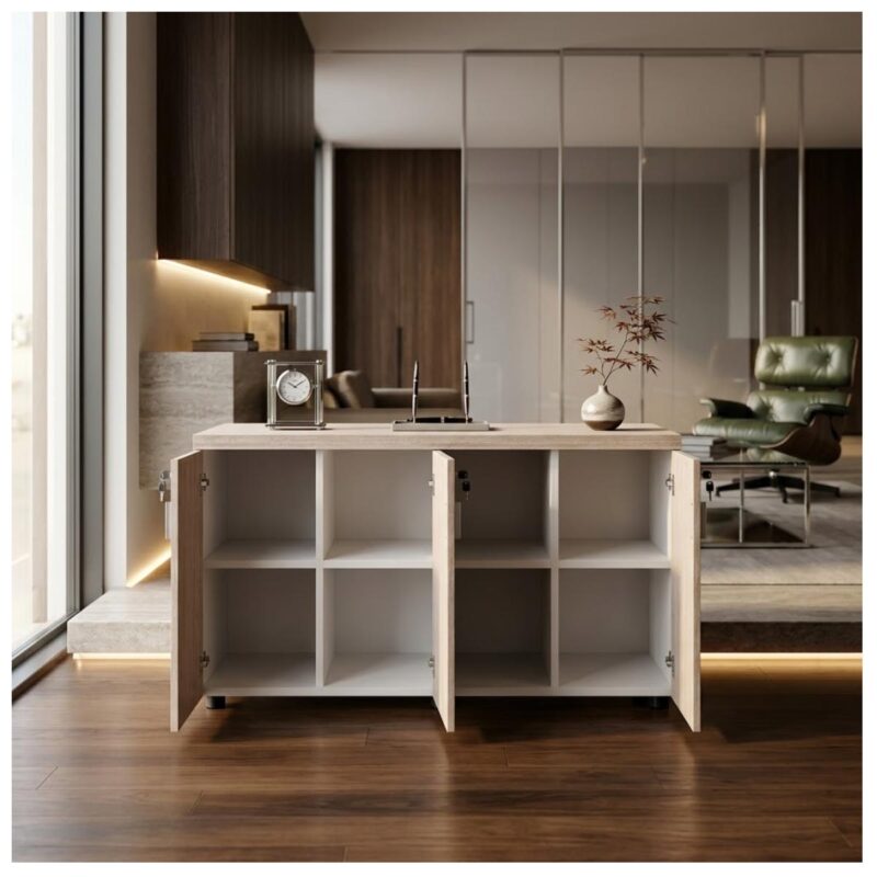 Móveis para Escritório Armário Baixo Gold 04 Portas Credenza - 1,60x0,75x0,46m - Fresno / Branco - 71023