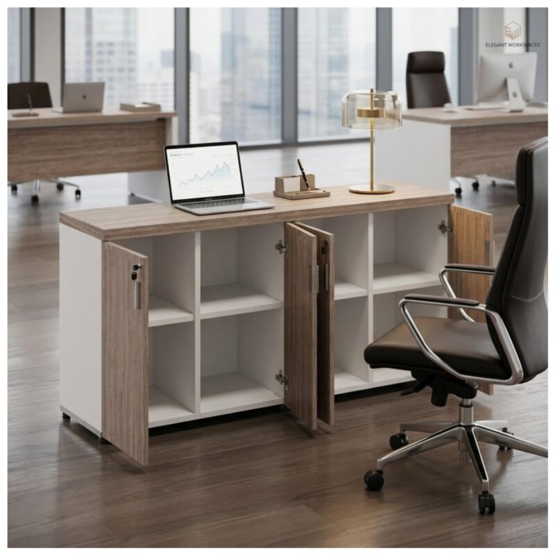 Móveis para Escritório Armário Baixo Gold 04 Portas Credenza - 1,60x0,75x0,46m - Fresno / Branco - 71023