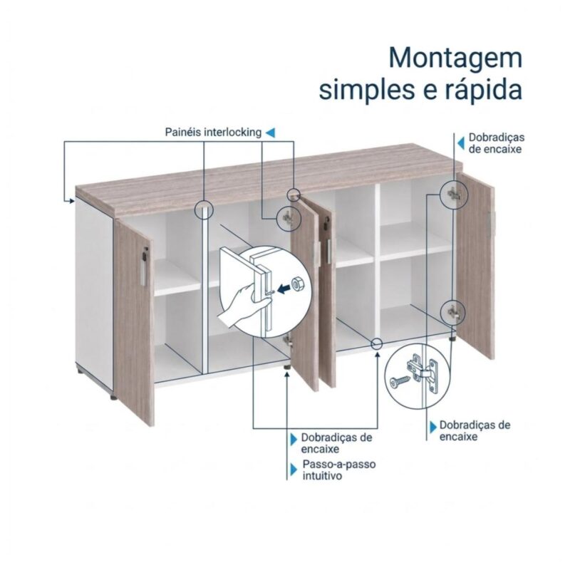 Móveis para Escritório Armário Baixo Gold 04 Portas Credenza - 1,60x0,75x0,46m - Fresno / Branco - 71023
