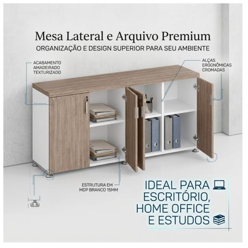 Móveis para Escritório Armário Baixo Gold 04 Portas Credenza - 1,60x0,75x0,46m - Fresno / Branco - 71023