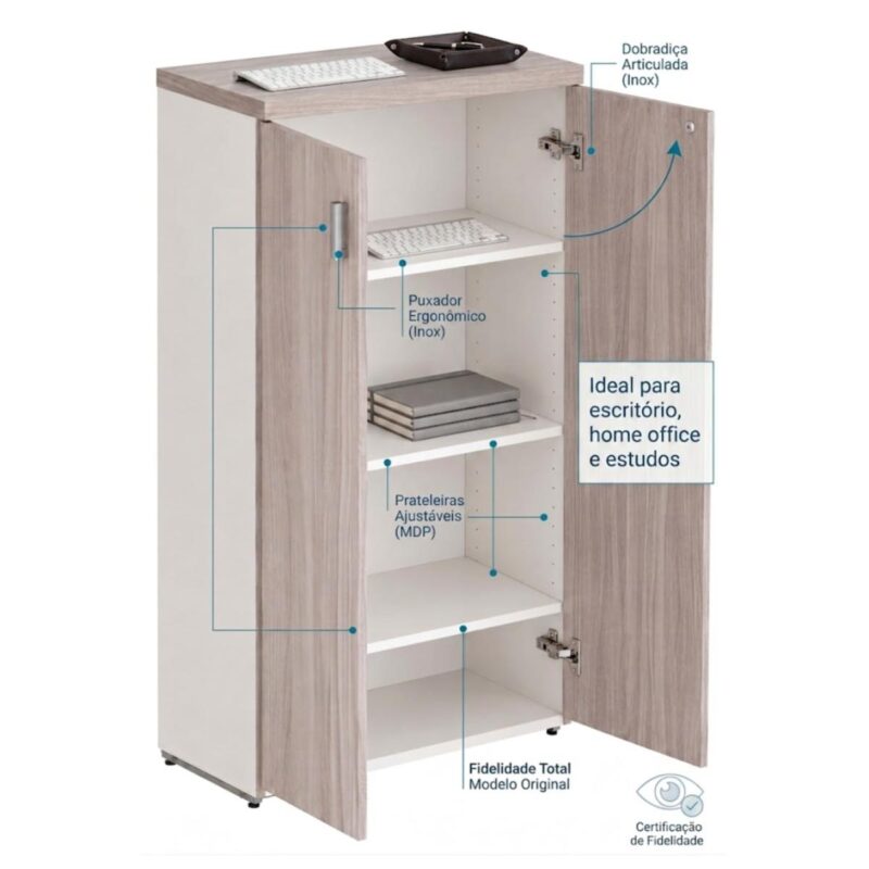Móveis para Escritório Armário Alto Fechado Escritório com 02 Portas – 1,60×0,80×0,46m – Fresno / Branco - 71020