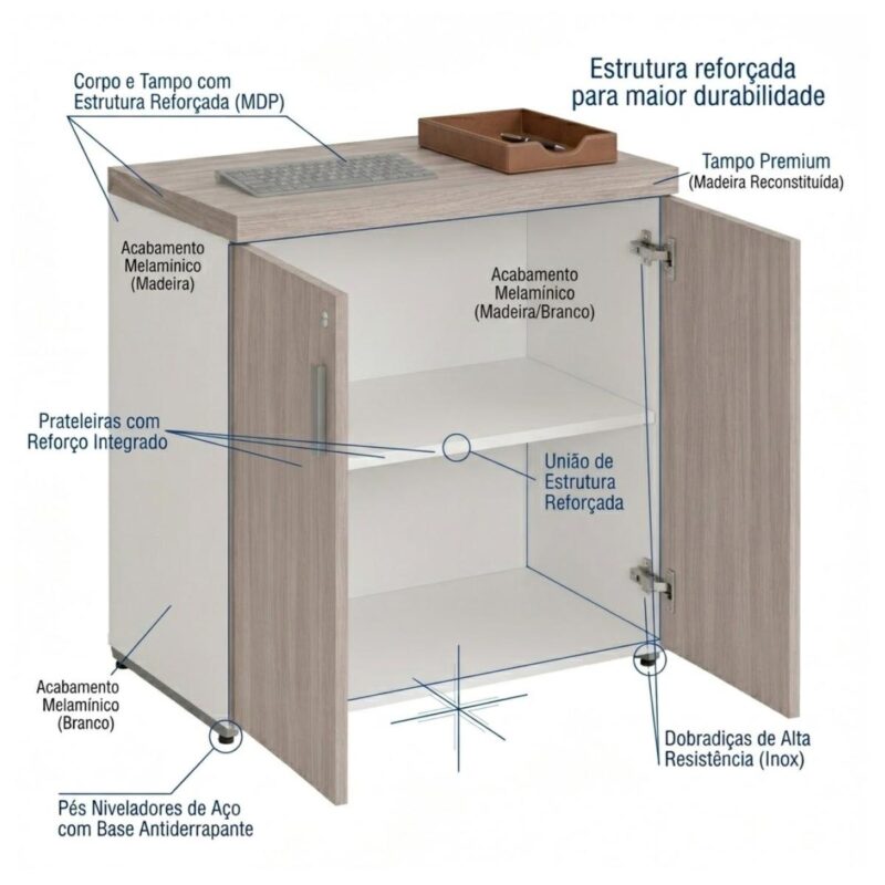Móveis para Escritório Armário Baixo Escritório com 02 Portas - 0,80x0,0,46m - Fresno / Branco - 71024