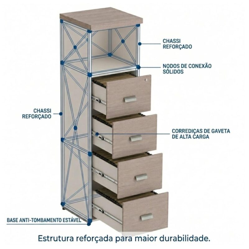 Móveis para Escritório Arquivo 04 Gavetas Pasta Suspensa com Nicho - 1,62x0,46x0,46m - Fresno / Branco - 71025