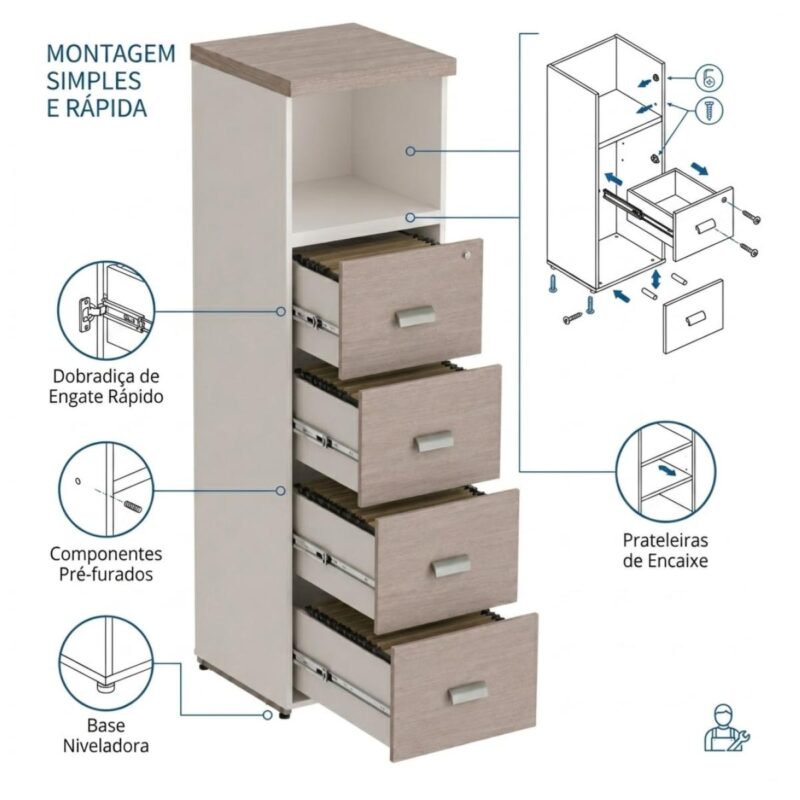 Móveis para Escritório Arquivo 04 Gavetas Pasta Suspensa com Nicho - 1,62x0,46x0,46m - Fresno / Branco - 71025