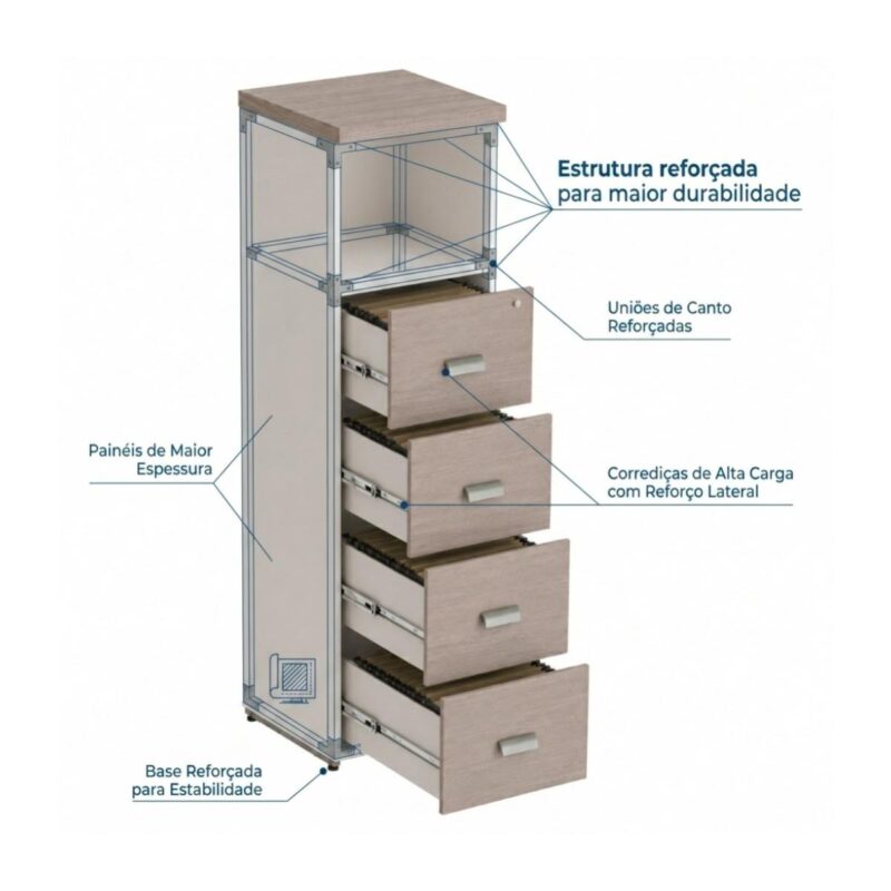 Móveis para Escritório Arquivo 04 Gavetas Pasta Suspensa com Nicho - 1,62x0,46x0,46m - Fresno / Branco - 71025