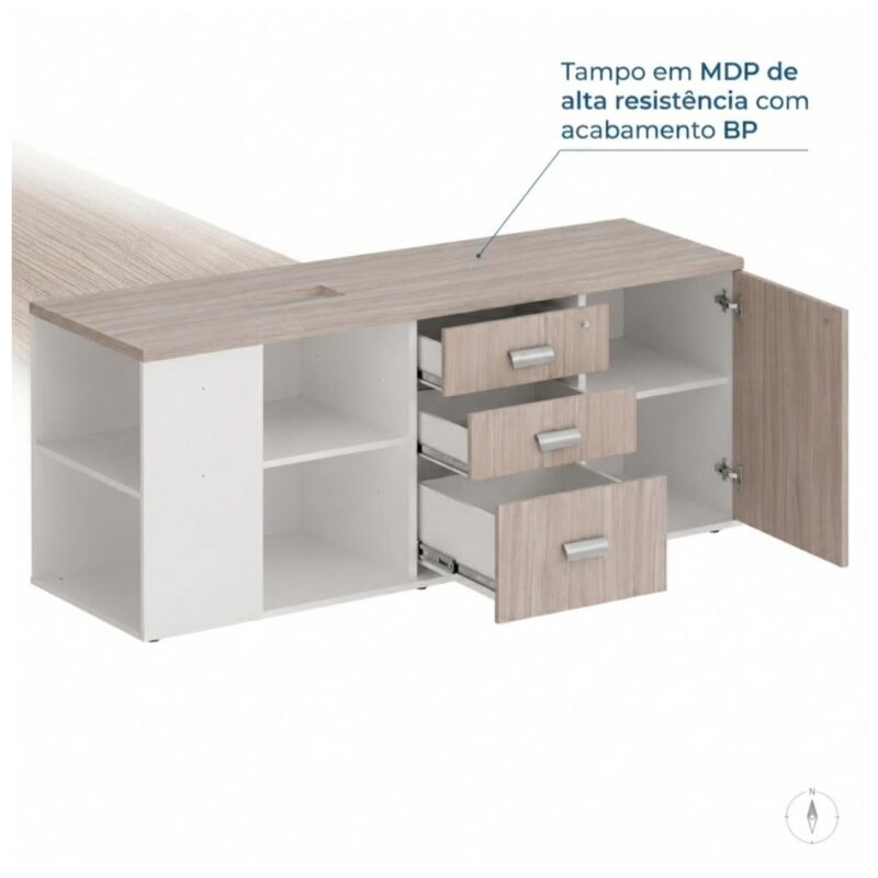 Móveis para Escritório Mesa Diretoria para Escritório 2,10x1,60m com Balcão Lado Direito -  Fresno /Branco - 71101