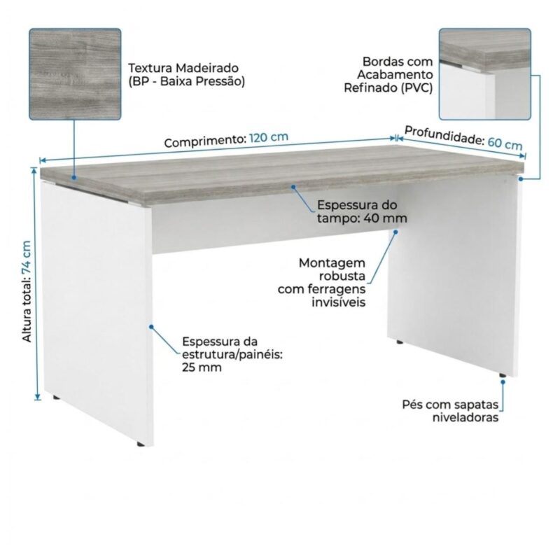Móveis para Escritório Mesa para Escritório Reta 1,20x0,60m - S/ Gavetas - Fresno / Branco - 71102