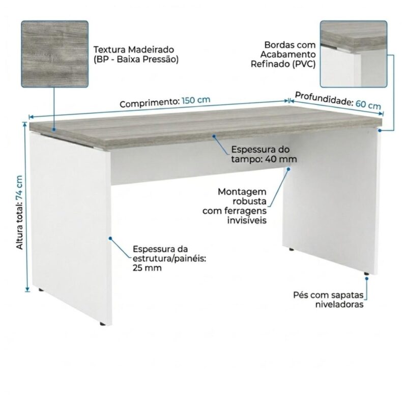 Móveis para Escritório Mesa para Escritório Reta 1,50x0,60m - S/ Gavetas - Fresno / Branco - 71103