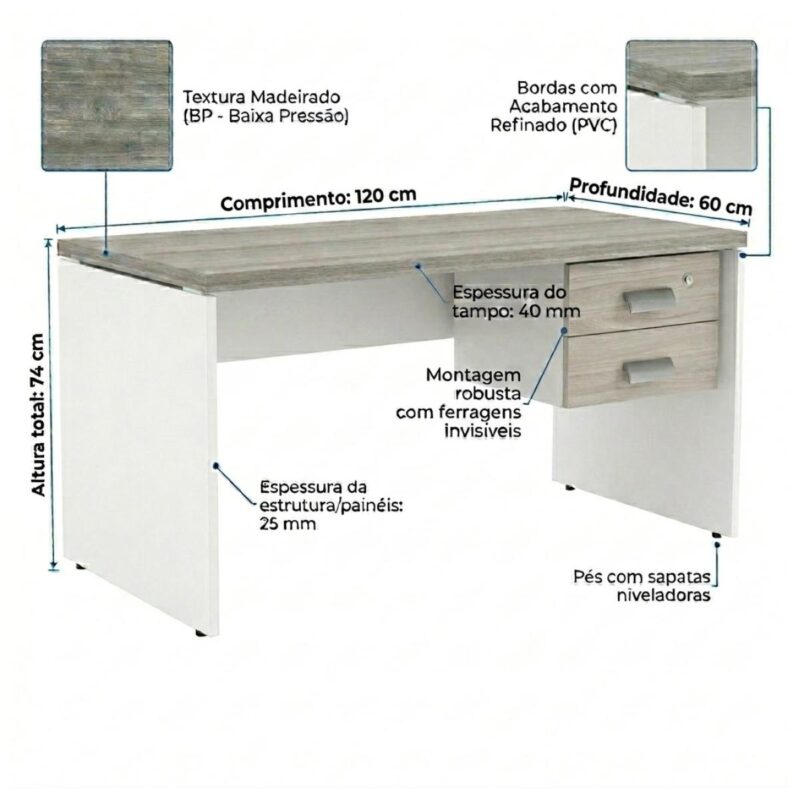 Móveis para Escritório Mesa para Escritório 1,20x0,60m - C/ Gavetas - Fresno / Branco - 71107