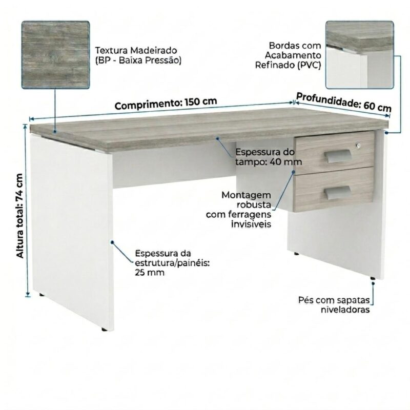Móveis para Escritório Mesa para Escritório 1,50x0,60m - S/ Gavetas - Fresno / Branco - 71106
