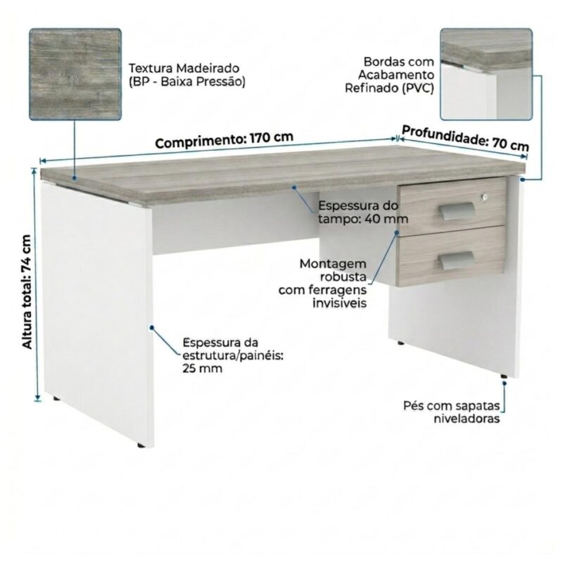 Móveis para Escritório Mesa para Escritório 1,70x0,70m - Com Gavetas - Fresno / Branco - 71105