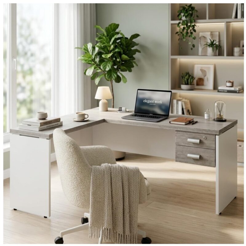 Móveis para Escritório Mesa para escritório Pé Painel (Mesa 1,70x0,70m + Mesa Auxiliar) com 02 Gavetas – Fresno / Branco - 71109