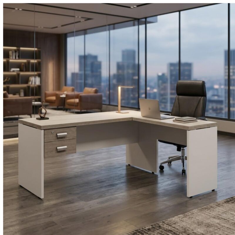 Móveis para Escritório Mesa em L (Mesa 1,50x0,60m + Mesa Auxiliar) PÉ PAINEL – C/ Gavetas – 71108