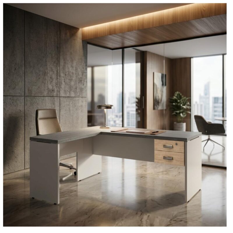 Móveis para Escritório Mesa para escritório Pé Painel (Mesa 1,70x0,70m + Mesa Auxiliar) com 02 Gavetas – Fresno / Branco - 71109
