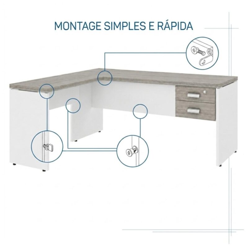 Móveis para Escritório Mesa em L (Mesa 1,50x0,60m + Mesa Auxiliar) PÉ PAINEL – C/ Gavetas – 71108