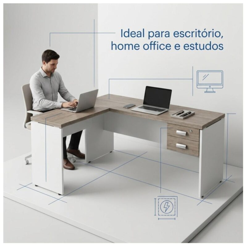 Móveis para Escritório Mesa em L (Mesa 1,50x0,60m + Mesa Auxiliar) PÉ PAINEL – C/ Gavetas – 71108