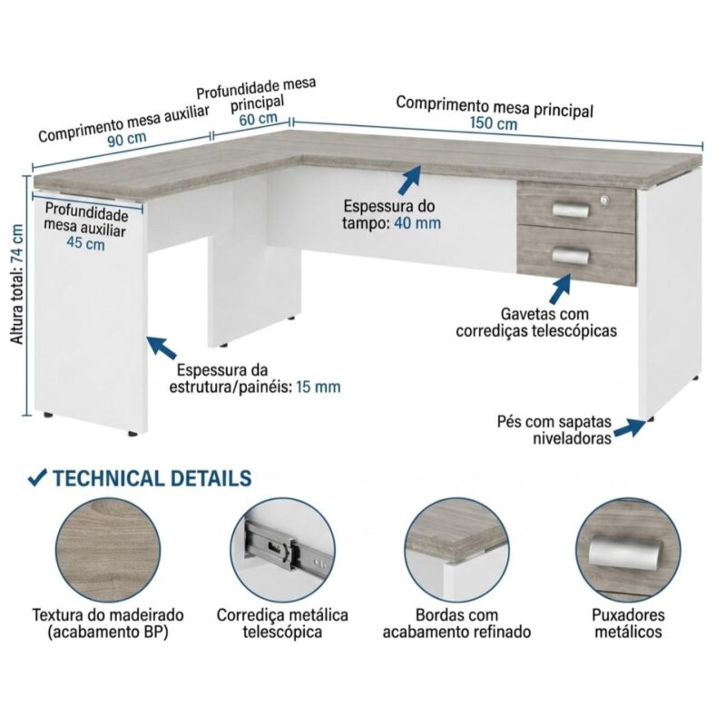 Móveis para Escritório Mesa em L (Mesa 1,50x0,60m + Mesa Auxiliar) PÉ PAINEL – C/ Gavetas – 71108
