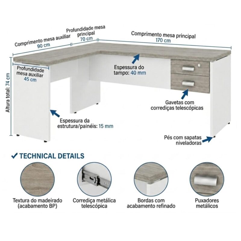 Móveis para Escritório Mesa para escritório Pé Painel (Mesa 1,70x0,70m + Mesa Auxiliar) com 02 Gavetas – Fresno / Branco - 71109
