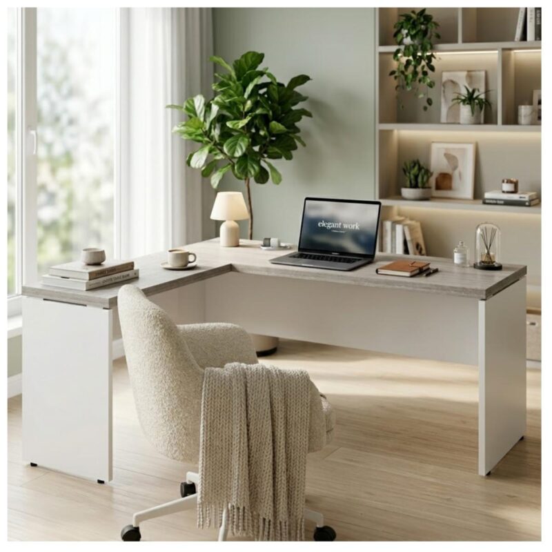 Móveis para Escritório Mesa para escritório Pé Painel (Mesa 1,70x0,70m + Mesa Auxiliar) s/ Gavetas – Fresno / Branco - 71111