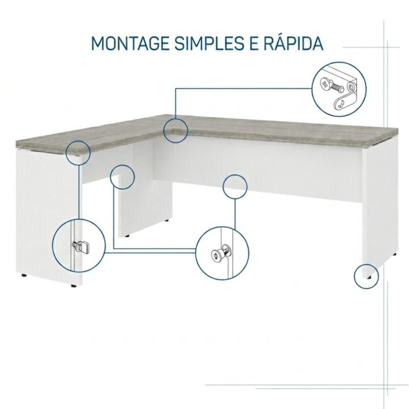 Móveis para Escritório Mesa para escritório Pé Painel (Mesa 1,50x0,60m + Mesa Auxiliar) s/ Gavetas – Fresno / Branco - 71110