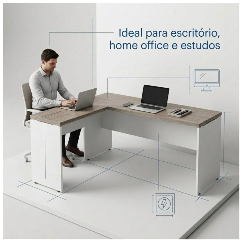 Móveis para Escritório Mesa para escritório Pé Painel (Mesa 1,70x0,70m + Mesa Auxiliar) s/ Gavetas – Fresno / Branco - 71111