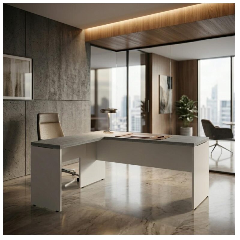 Móveis para Escritório Mesa para escritório Pé Painel (Mesa 1,50x0,60m + Mesa Auxiliar) s/ Gavetas – Fresno / Branco - 71110