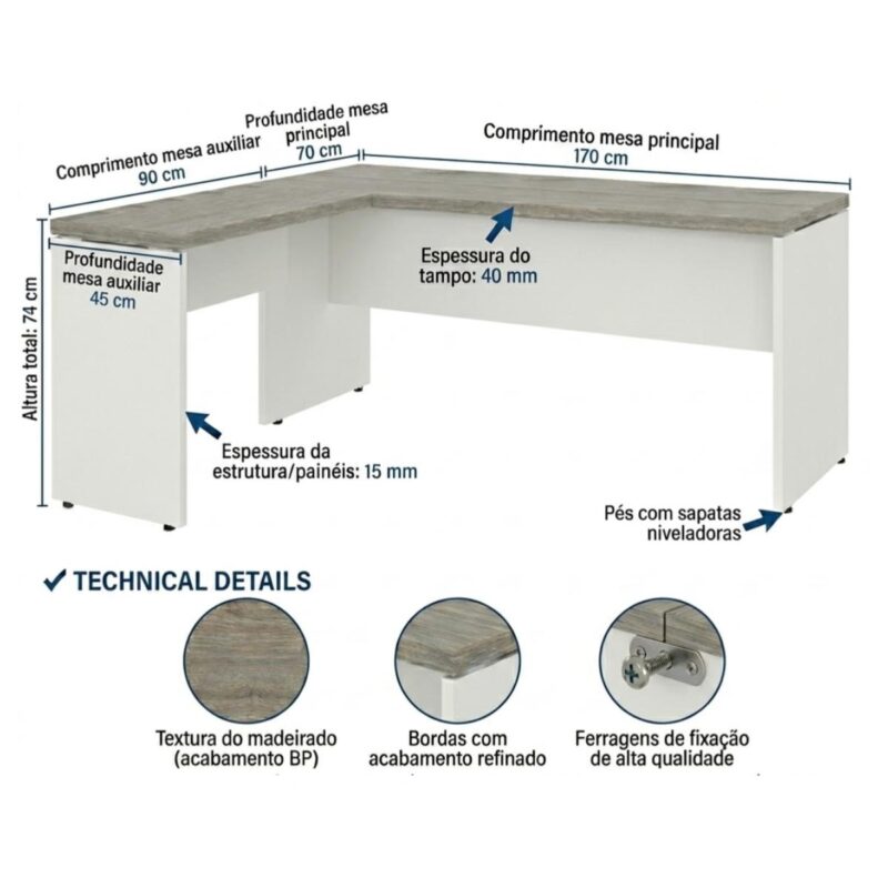 Móveis para Escritório Mesa para escritório Pé Painel (Mesa 1,70x0,70m + Mesa Auxiliar) s/ Gavetas – Fresno / Branco - 71111