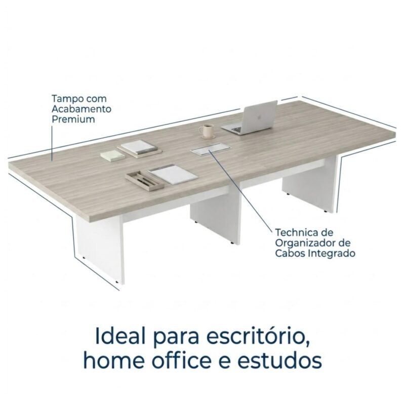 Móveis para Escritório Mesa de Reunião Escritório Retangular 3,00x1,20m - C/ Caixa de Tomadas - Fresno / Branco - 71113
