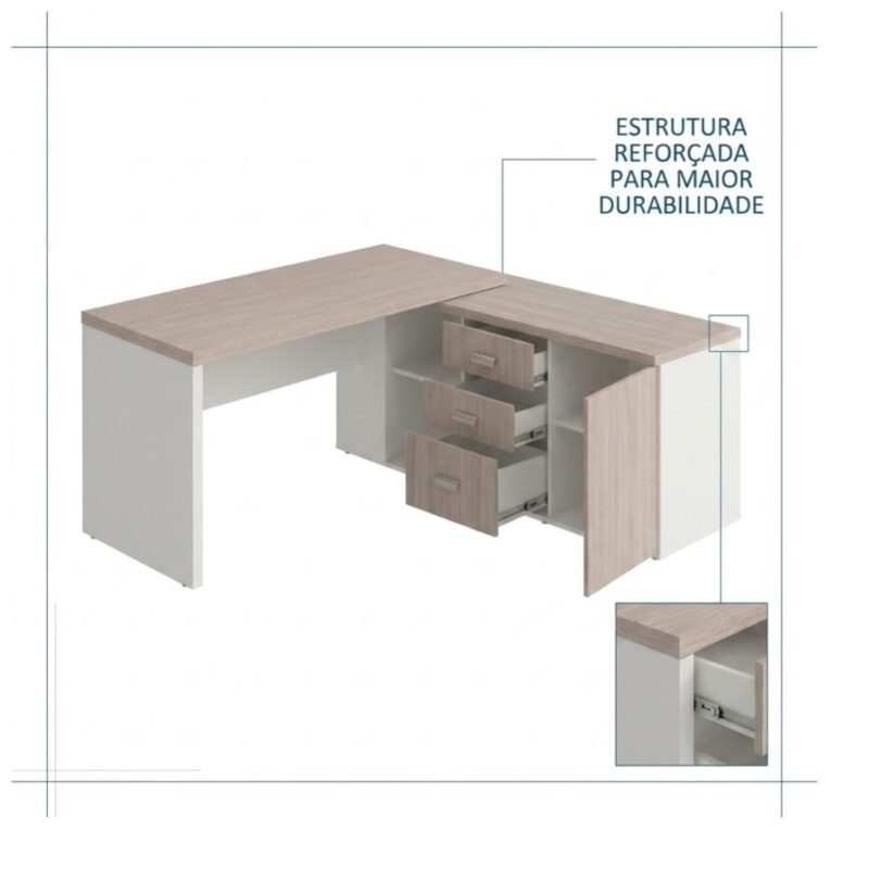 Móveis para Escritório Mesa Diretoria para Escritório 2,10x1,60m com Balcão Lado Direito -  Fresno /Branco - 71101