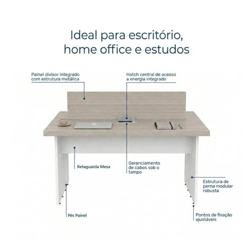 Móveis para Escritório Mesa Estação de Trabalho Dupla 1,20x1,30m 02 Lugares s/ Gavetas c/ ponto para tomadas - Fresno / Branco - 71119