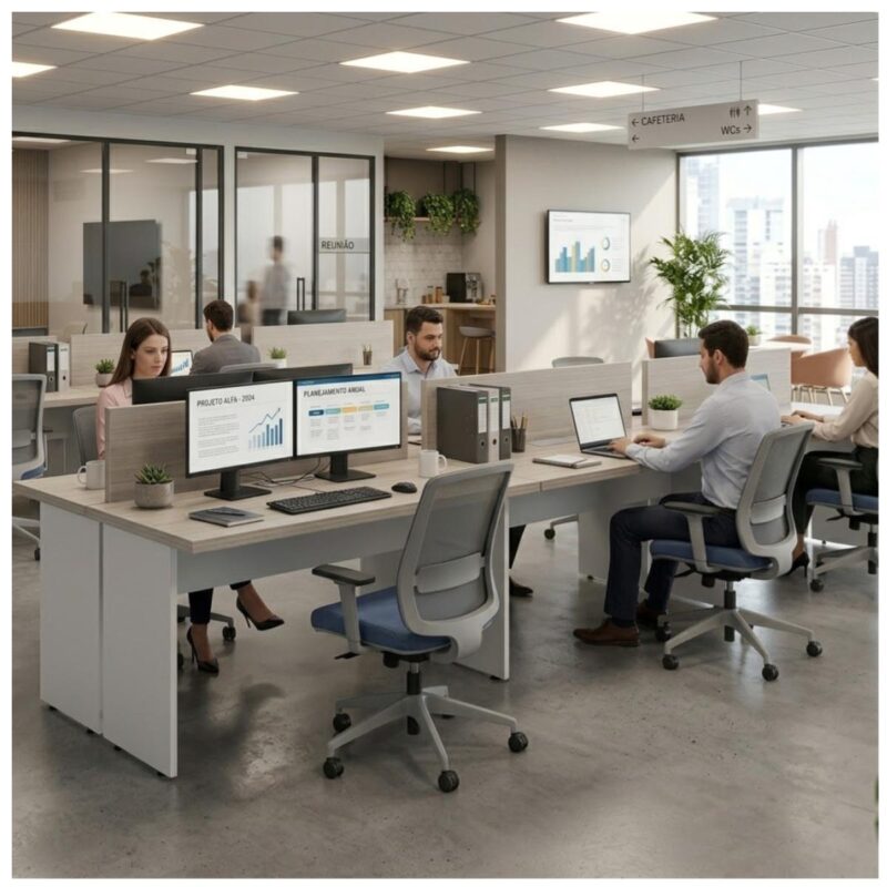 Móveis para Escritório Mesa Estação de Trabalho 2,40x1,20m 04 Lugares s/ Gavetas c/ ponto para tomadas - Fresno / Branco - 71120