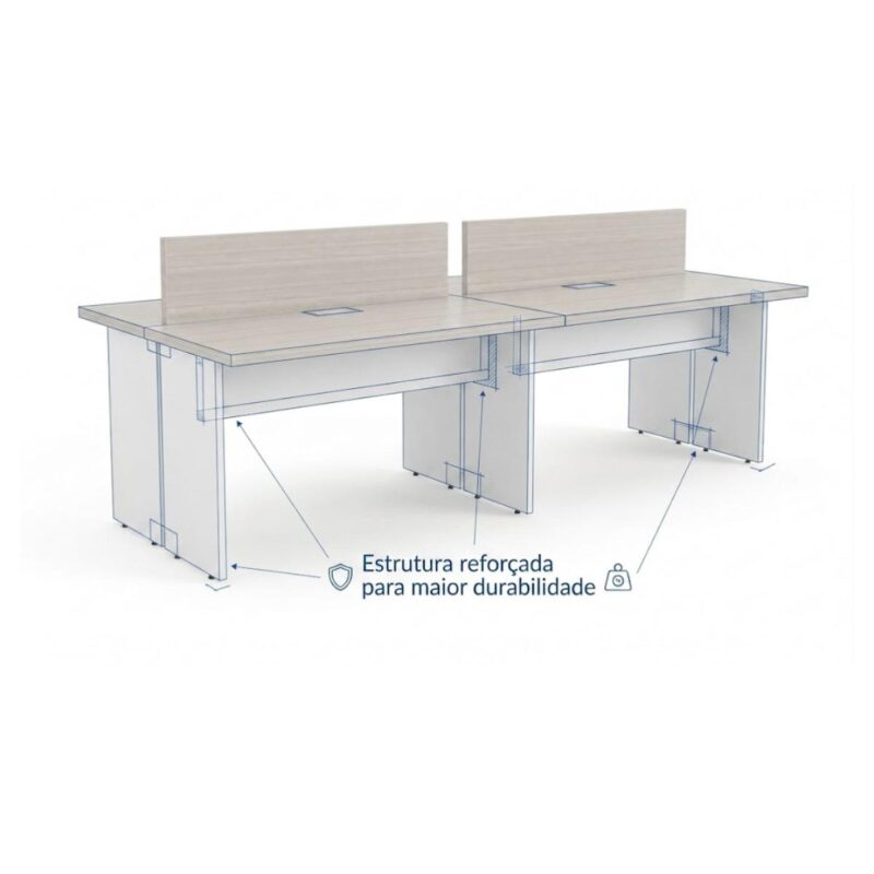 Móveis para Escritório Mesa Estação de Trabalho 2,40x1,20m 04 Lugares s/ Gavetas c/ ponto para tomadas - Fresno / Branco - 71120