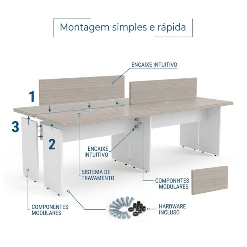 Móveis para Escritório Mesa Estação de Trabalho 2,40x1,20m 04 Lugares s/ Gavetas c/ ponto para tomadas - Fresno / Branco - 71120