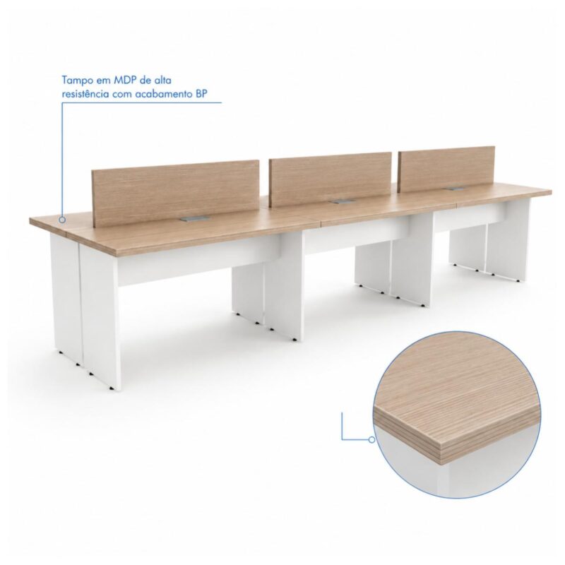 Sem categoria Mesa Estação de Trabalho 3600x1,20m 06 Lugares s/ Gavetas c/ ponto para tomadas - Fresno / Branco - 71121