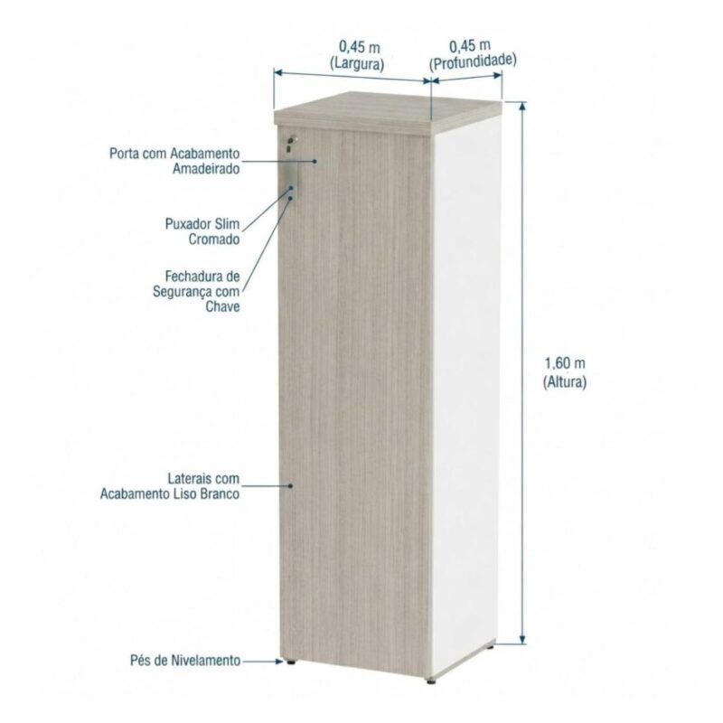 Móveis para Escritório Armário Escritório Torre Fechada 1,60x045m com 03 Bandejas - Fresno / Branco - 71116