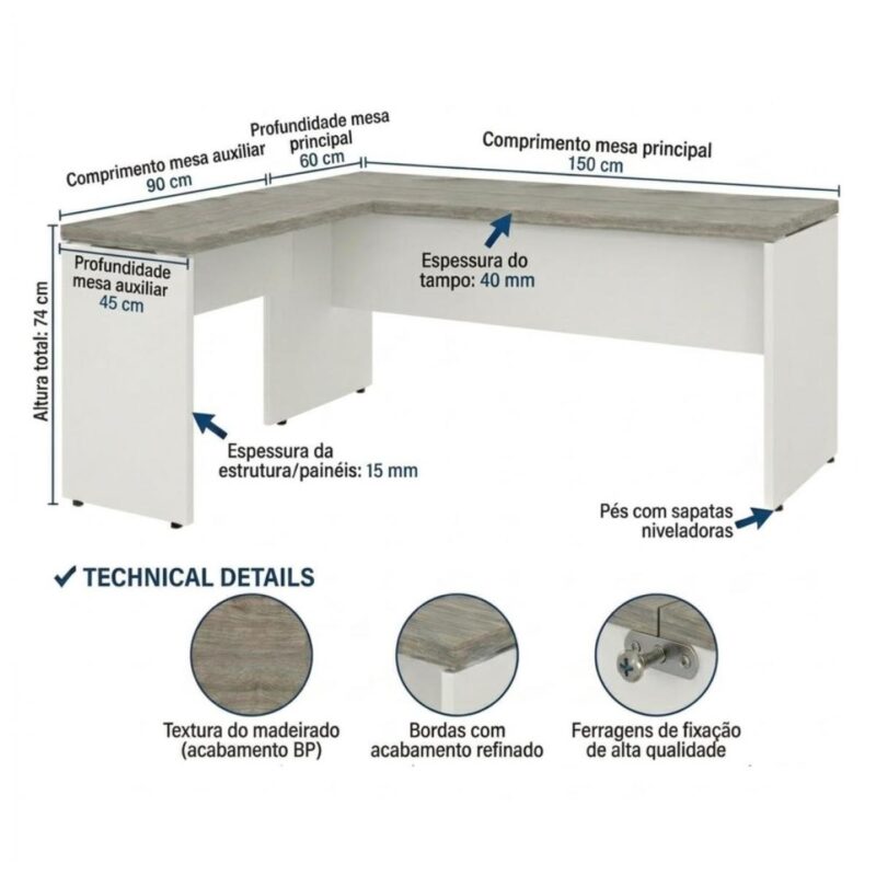 Móveis para Escritório Mesa para escritório Pé Painel (Mesa 1,50x0,60m + Mesa Auxiliar) s/ Gavetas – Fresno / Branco - 71110