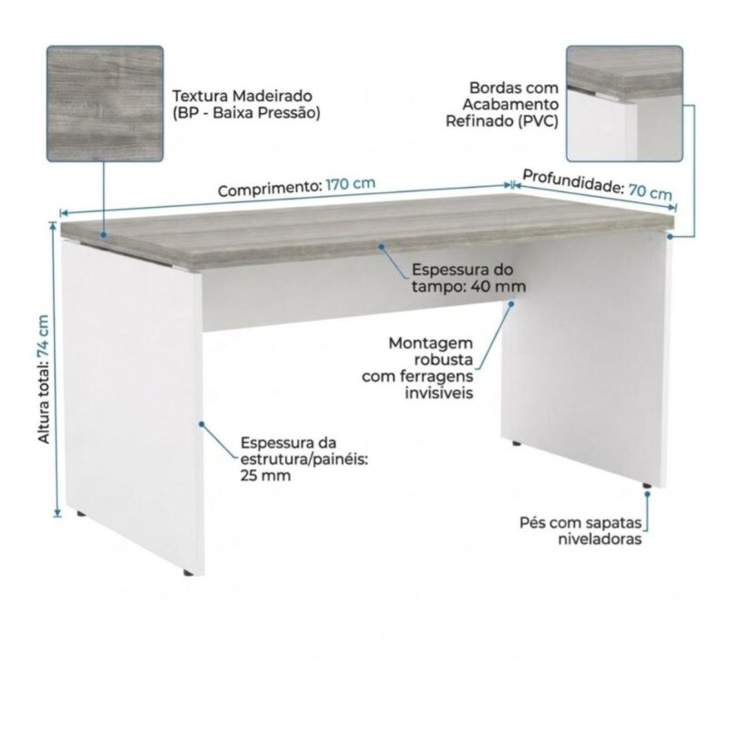 Móveis para Escritório Mesa para Escritório Reta 1,70x0,70m - S/ Gavetas - Fresno / Branco - 71104