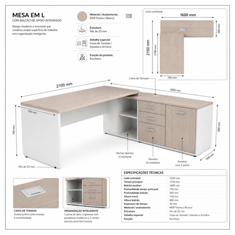 Móveis para Escritório Mesa Diretoria para Escritório 2,10x1,60m com Balcão Lado Direito -  Fresno /Branco - 71101