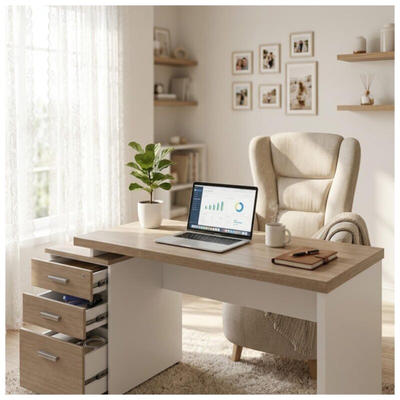 Móveis para Escritório Mesa Escritório Pedestal com 03 Gavetas 2,10x0,70m -  Fresno / Branco - 71130