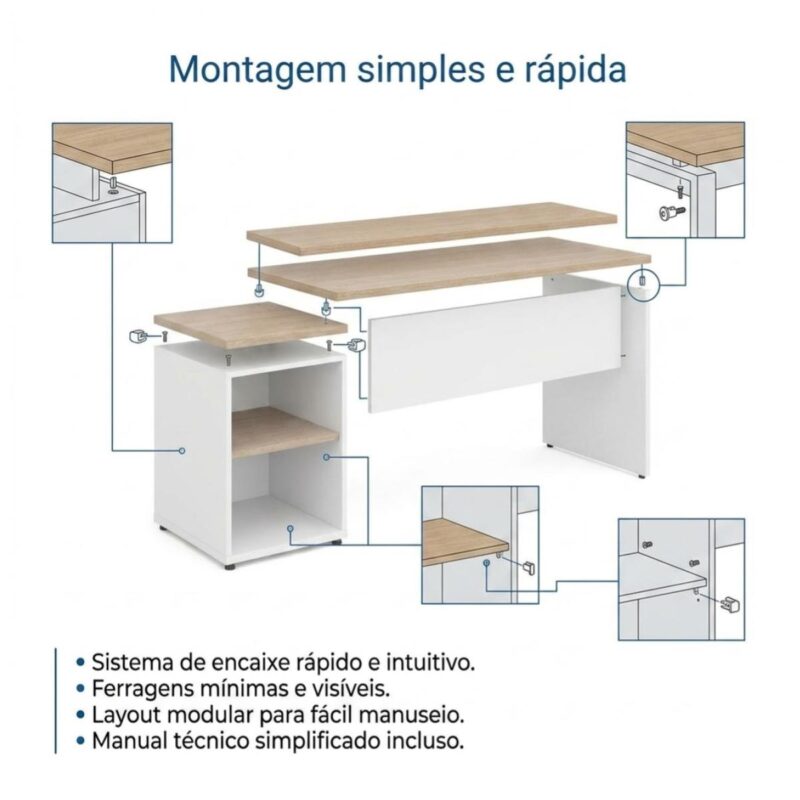 Móveis para Escritório Mesa Escritório Pedestal com 03 Gavetas 2,10x0,70m -  Fresno / Branco - 71130