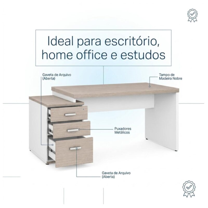 Móveis para Escritório Mesa Escritório Pedestal com 03 Gavetas 2,10x0,70m -  Fresno / Branco - 71130