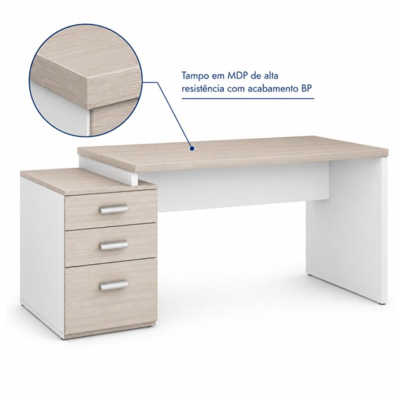 Móveis para Escritório Mesa Escritório Pedestal com 03 Gavetas 2,10x0,70m -  Fresno / Branco - 71130