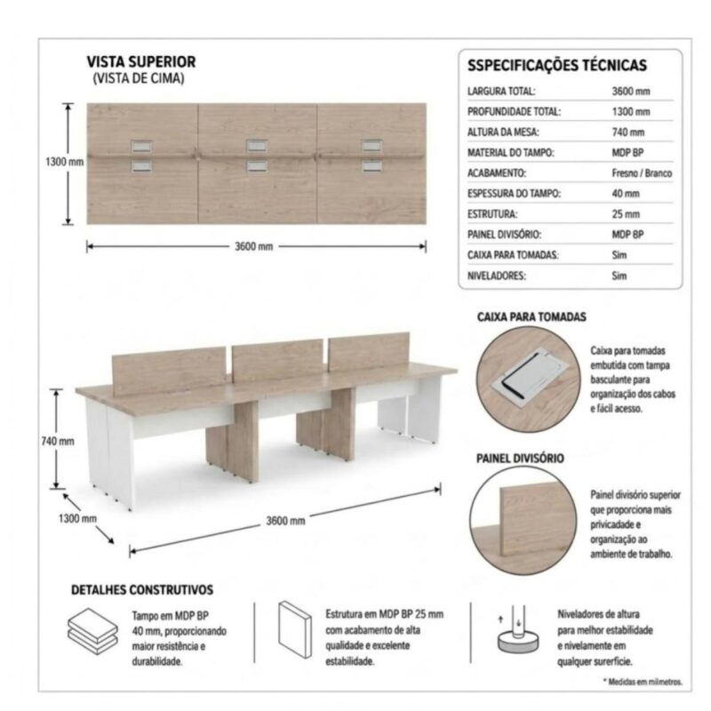 Sem categoria Mesa Estação de Trabalho 3600x1,20m 06 Lugares s/ Gavetas c/ ponto para tomadas - Fresno / Branco - 71121