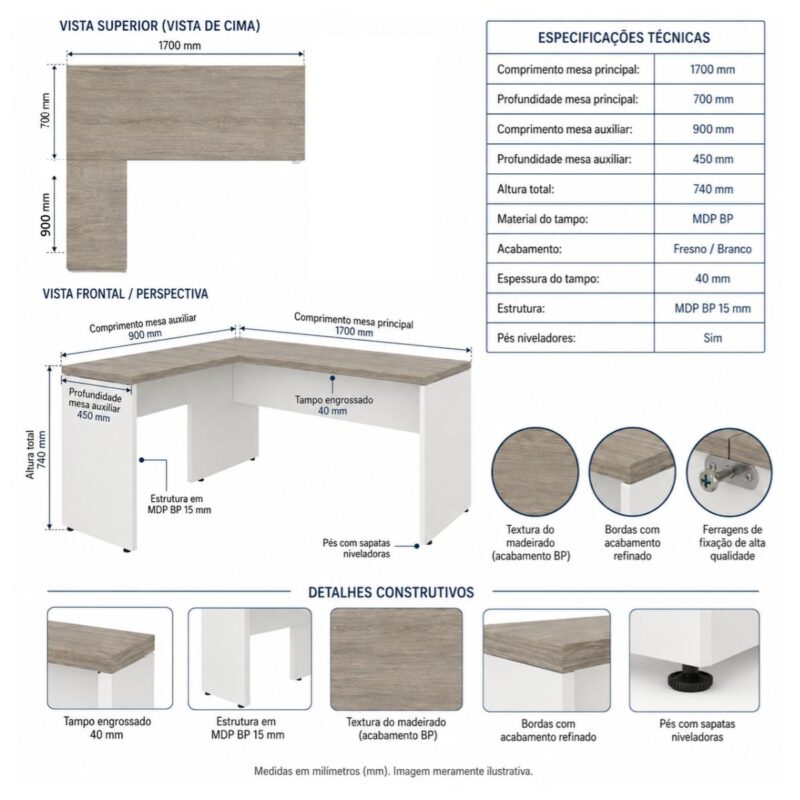 Móveis para Escritório Mesa para escritório Pé Painel (Mesa 1,70x0,70m + Mesa Auxiliar) s/ Gavetas – Fresno / Branco - 71111